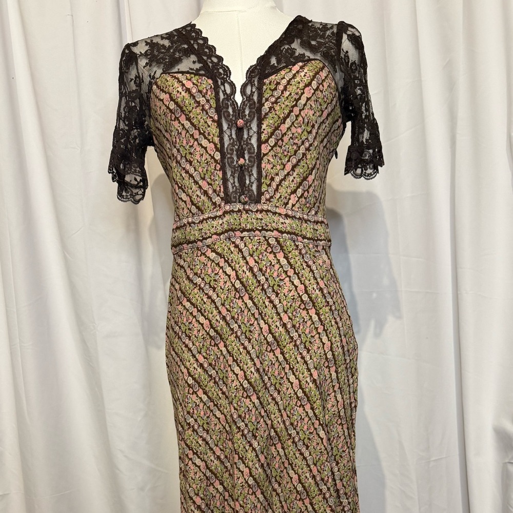 Free People Vintage Style Brown Floral Lace Maxi Dress